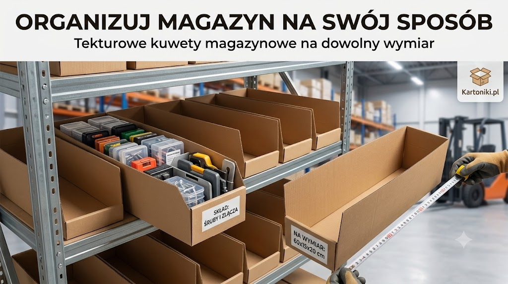 Tekturowe kuwety magazynowe z obniżonym frontem na regale