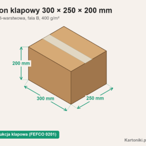 Karton klapowy 300 × 250 × 200 mm z podpisanymi wymiarami