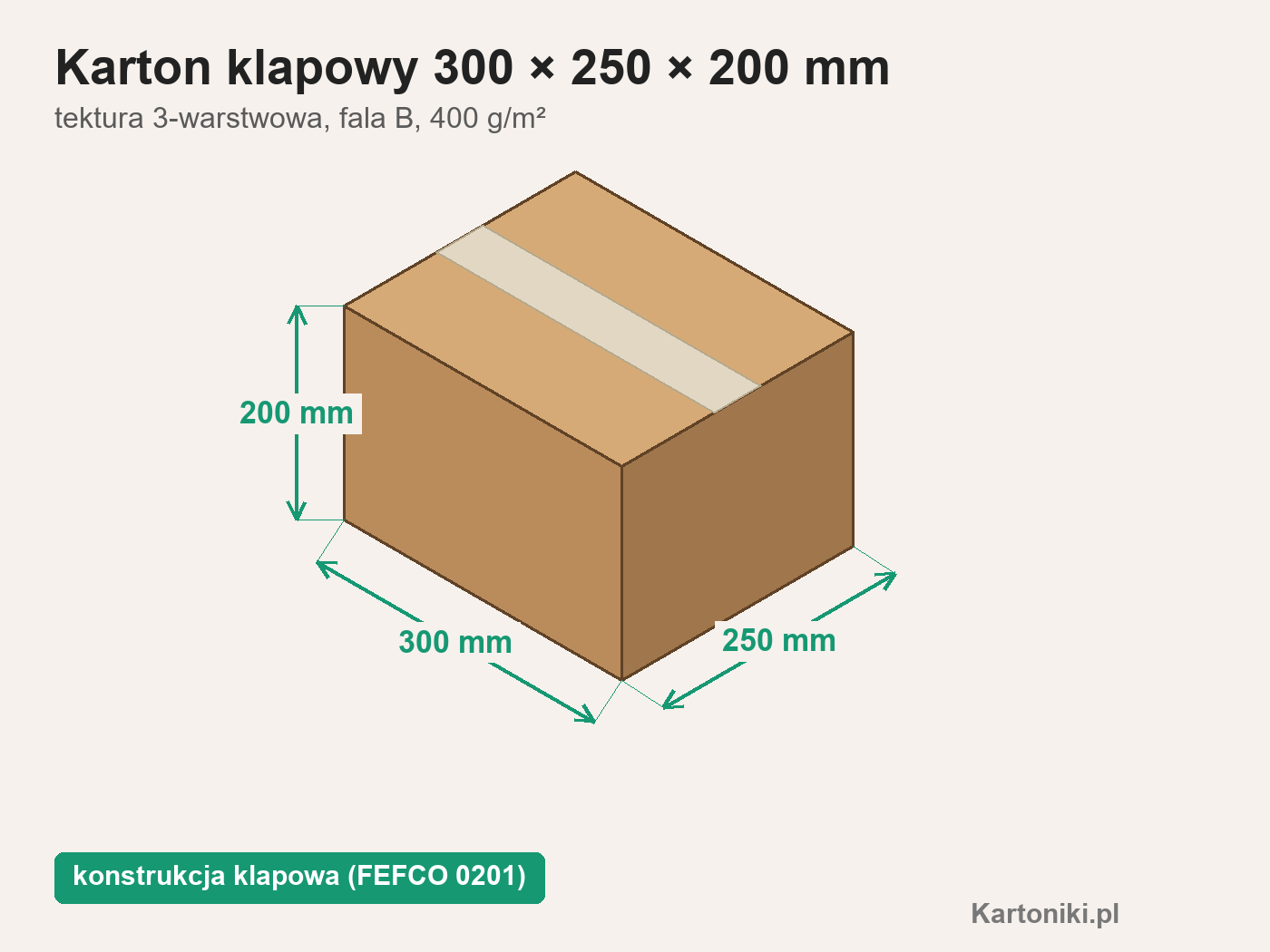 Karton klapowy 300 × 250 × 200 mm z podpisanymi wymiarami