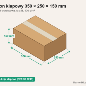 Płaski karton klapowy 350 × 250 × 150 mm z podpisanymi wymiarami