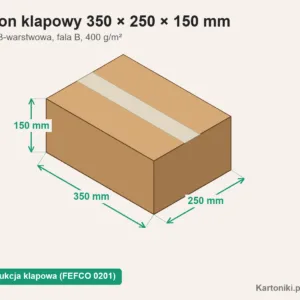 Płaski karton klapowy 350 × 250 × 150 mm z podpisanymi wymiarami