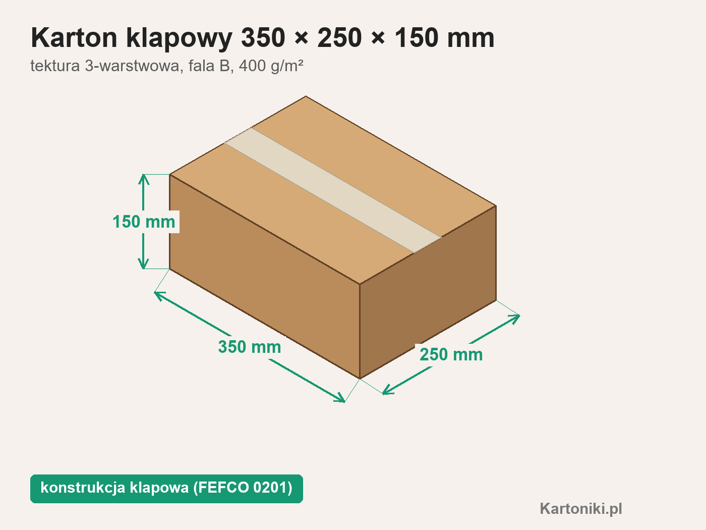 Płaski karton klapowy 350 × 250 × 150 mm z podpisanymi wymiarami
