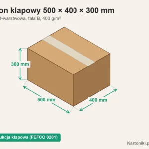 Duży karton klapowy 500 × 400 × 300 mm z podpisanymi wymiarami