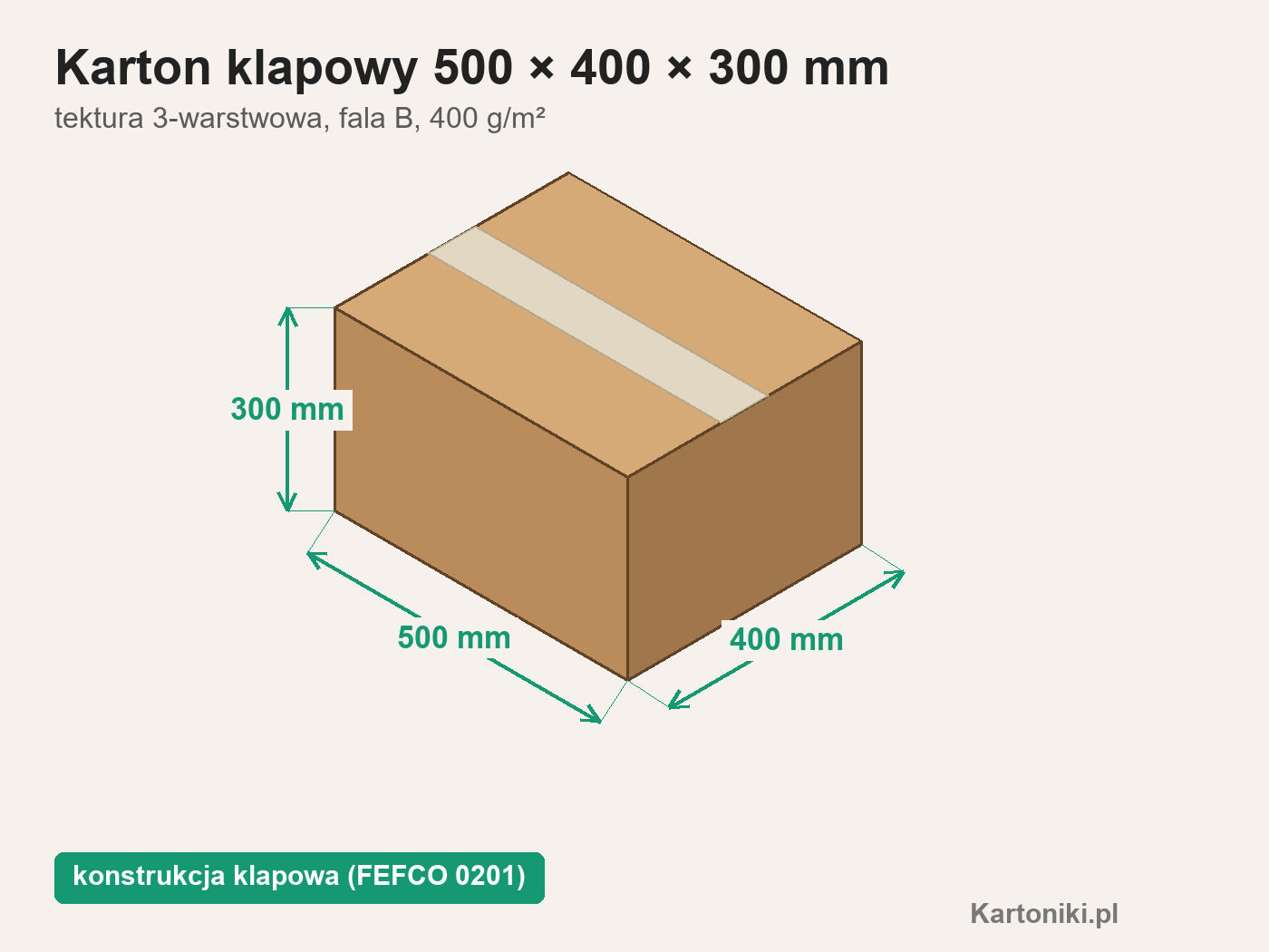 Duży karton klapowy 500 × 400 × 300 mm z podpisanymi wymiarami