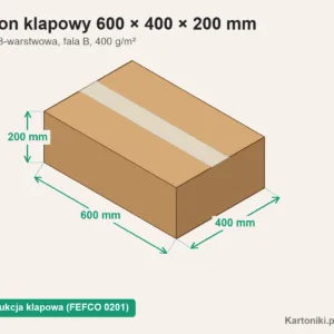 Niski karton klapowy 600 × 400 × 200 mm z podpisanymi wymiarami