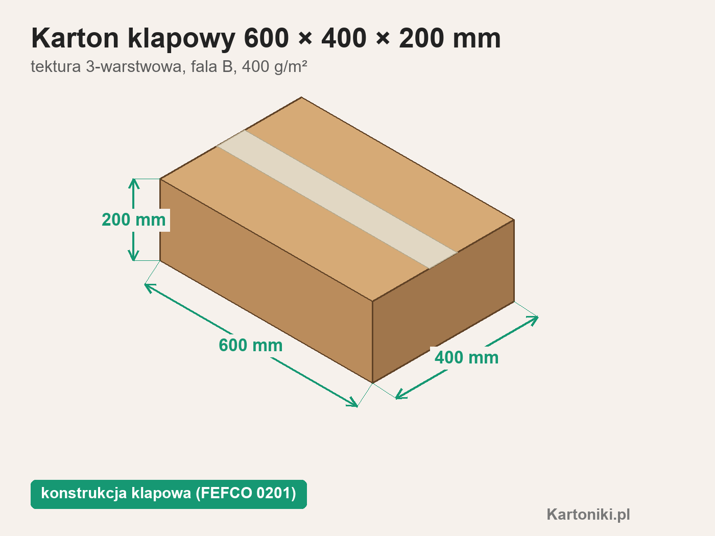 Niski karton klapowy 600 × 400 × 200 mm z podpisanymi wymiarami