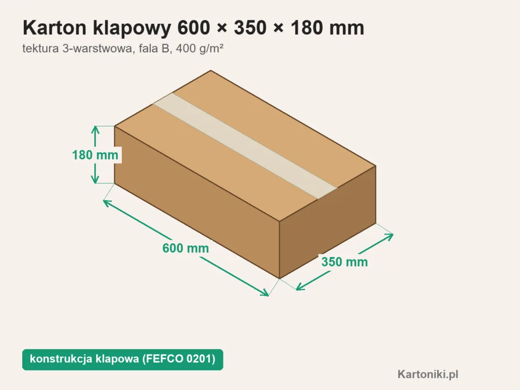 Karton klapowy 600 × 350 × 180 mm z podpisanymi wymiarami