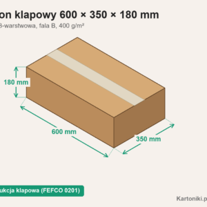 Karton klapowy 600 × 350 × 180 mm z podpisanymi wymiarami