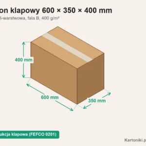 Wysoki karton klapowy 600 × 350 × 400 mm z podpisanymi wymiarami