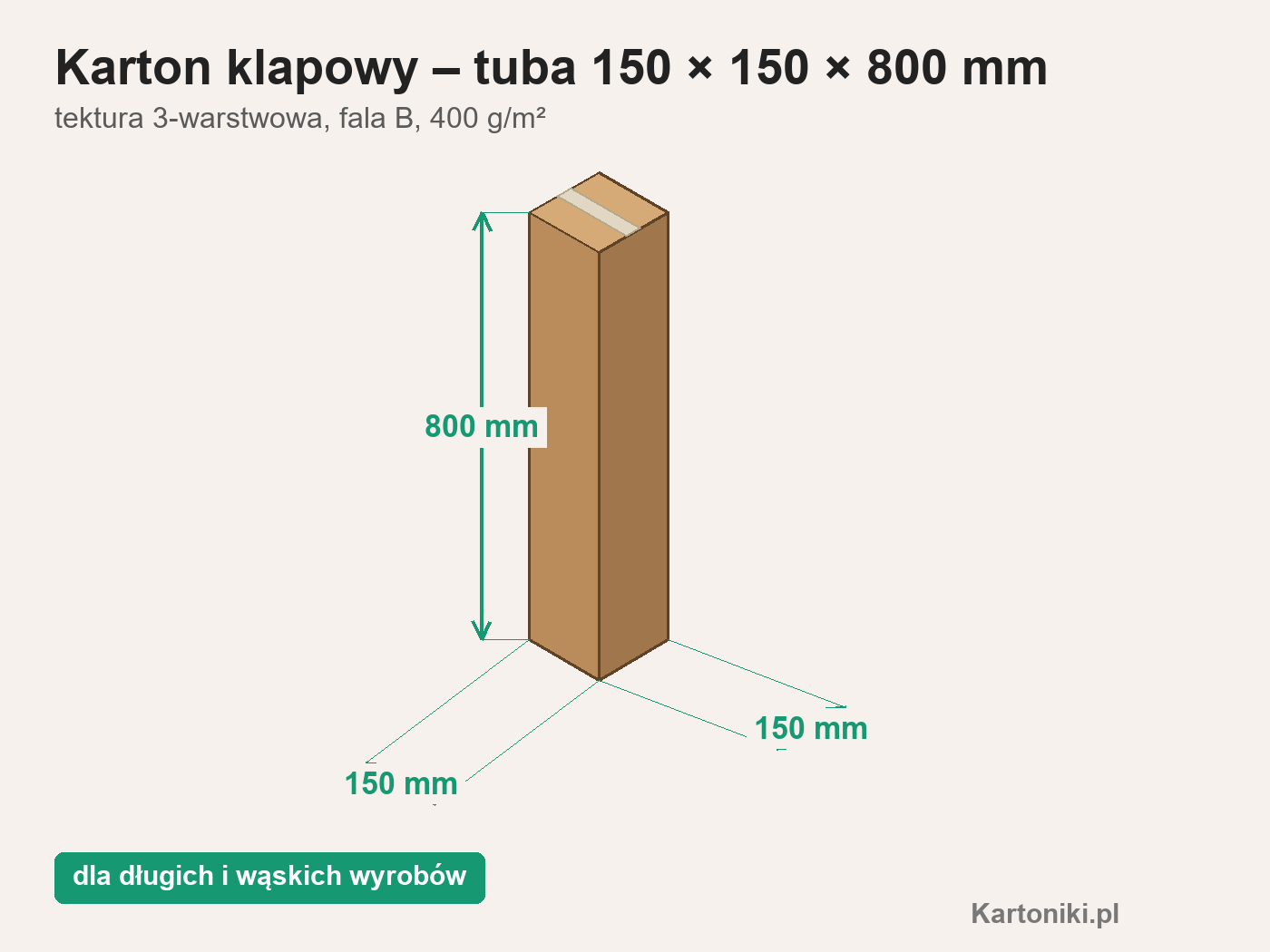 Karton klapowy tuba 150 × 150 × 800 mm z podpisanymi wymiarami