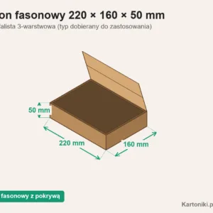 Bardzo mały karton fasonowy z pokrywą 220 × 160 × 50 mm z podpisanymi wymiarami