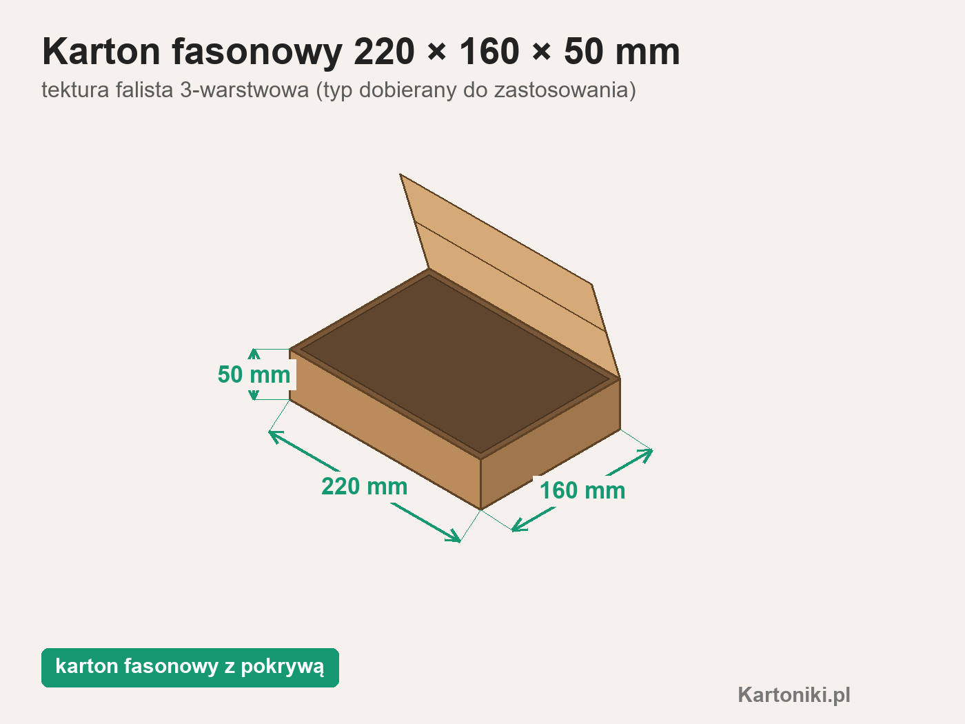 Bardzo mały karton fasonowy z pokrywą 220 × 160 × 50 mm z podpisanymi wymiarami