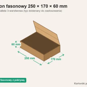 Płaski karton fasonowy z pokrywą 250 × 170 × 60 mm z podpisanymi wymiarami