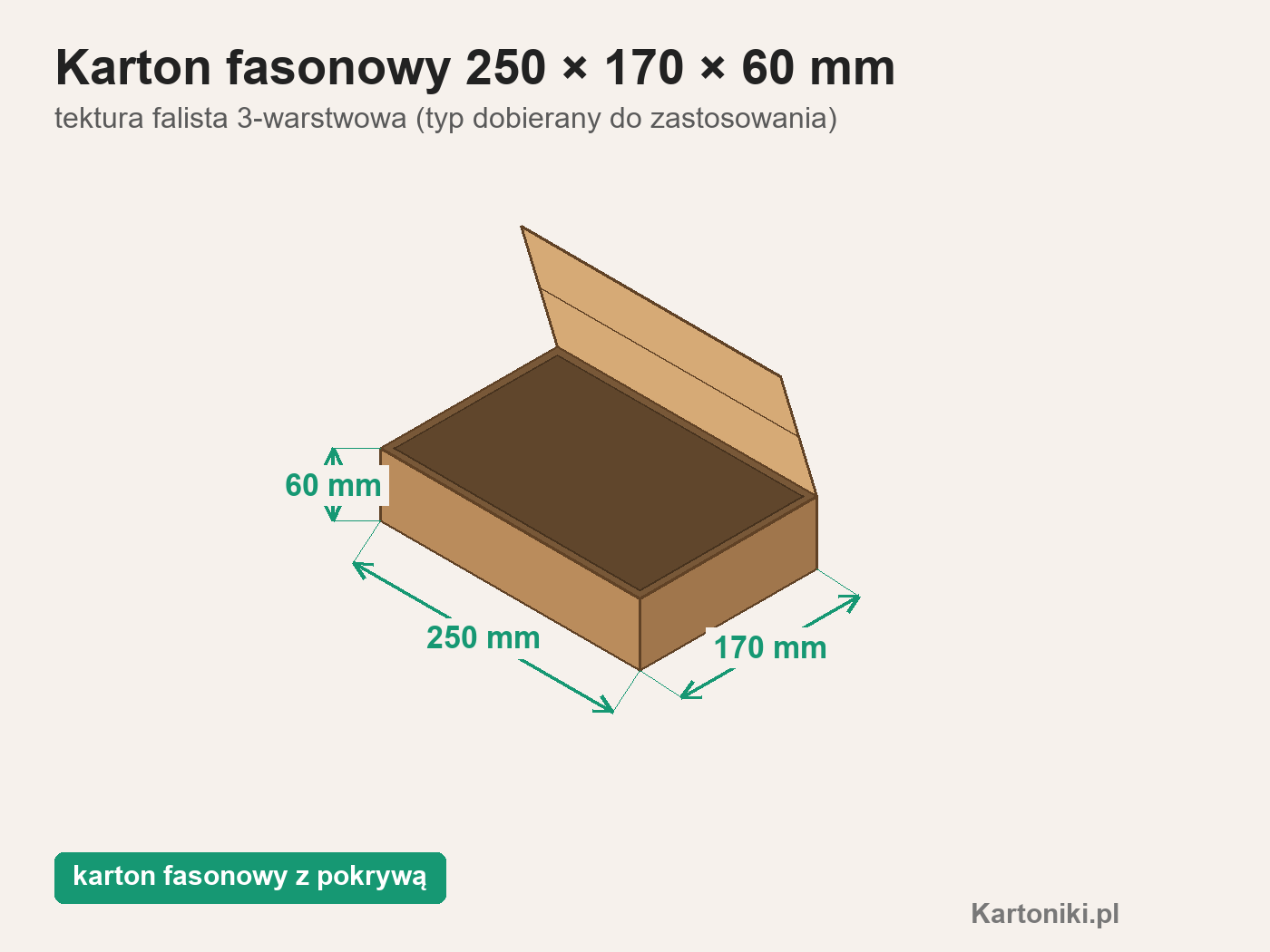 Płaski karton fasonowy z pokrywą 250 × 170 × 60 mm z podpisanymi wymiarami