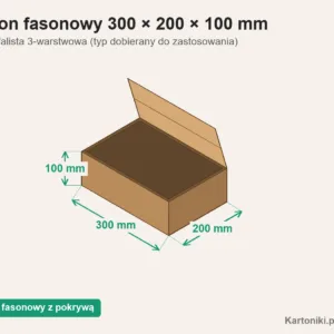 Karton fasonowy z pokrywą 300 × 200 × 100 mm z podpisanymi wymiarami
