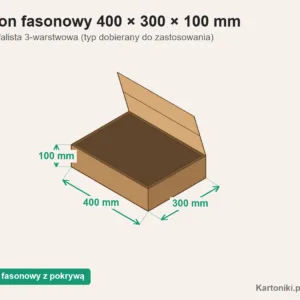 Płaski karton fasonowy z pokrywą 400 × 300 × 100 mm z podpisanymi wymiarami