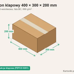 Karton klapowy 400 × 300 × 200 mm z tektury 5-warstwowej, z podpisanymi wymiarami