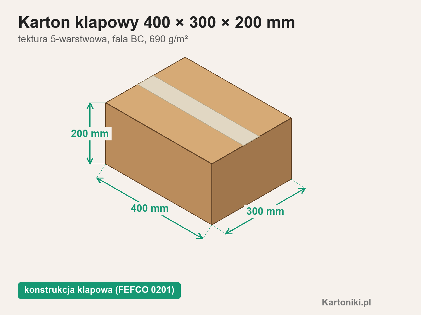 Karton klapowy 400 × 300 × 200 mm z tektury 5-warstwowej, z podpisanymi wymiarami