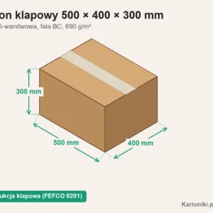 Mocny karton klapowy 500 × 400 × 300 mm z podpisanymi wymiarami