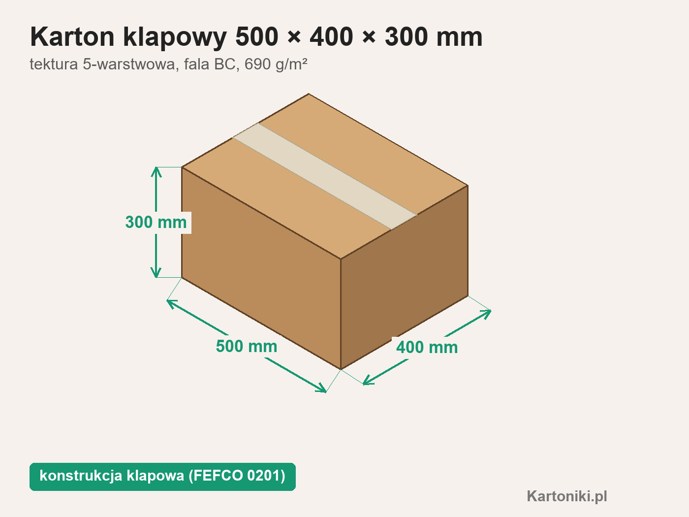 Mocny karton klapowy 500 × 400 × 300 mm z podpisanymi wymiarami
