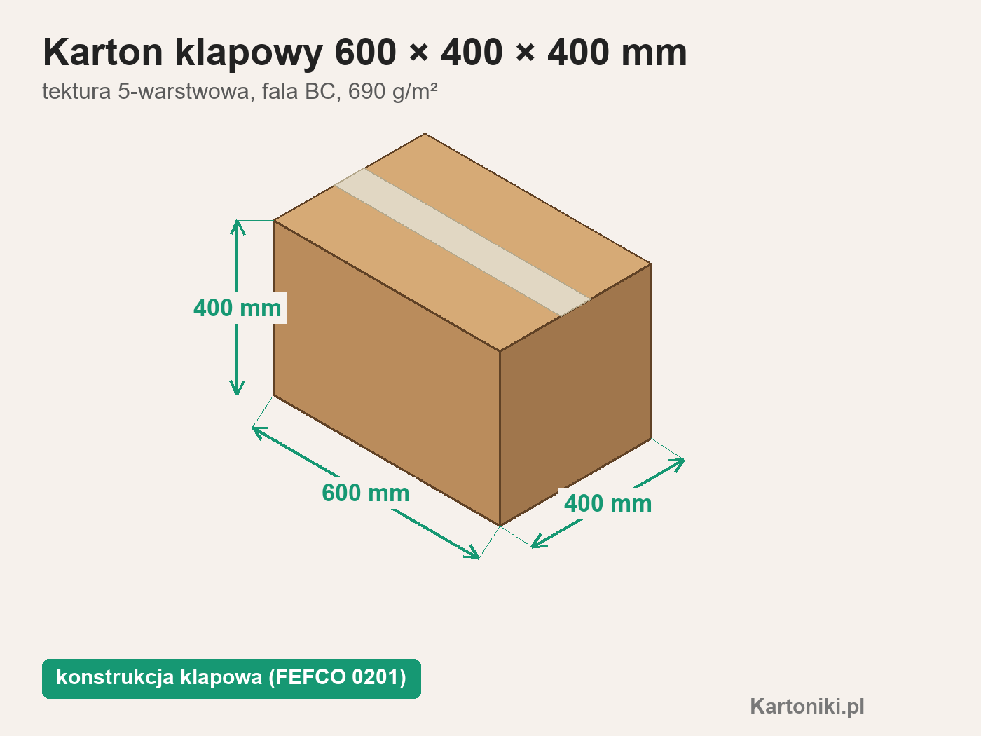 Ciężki karton klapowy 600 × 400 × 400 mm z podpisanymi wymiarami