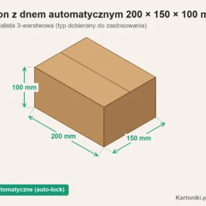 Mały karton z dnem automatycznym 200 × 150 × 100 mm z podpisanymi wymiarami