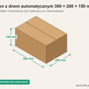 Karton z dnem automatycznym 300 × 200 × 150 mm z podpisanymi wymiarami