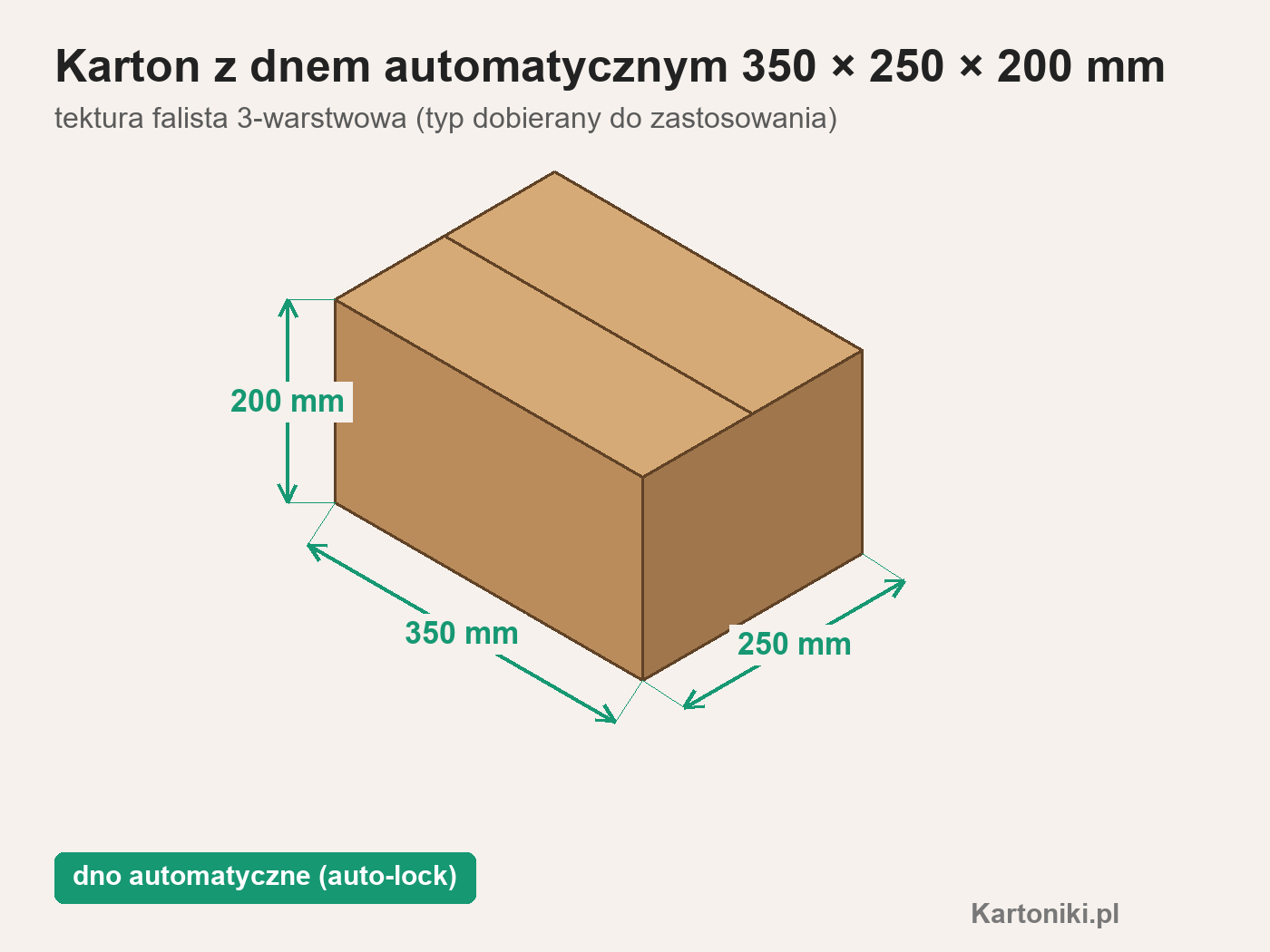 Karton z dnem automatycznym 350 × 250 × 200 mm z podpisanymi wymiarami